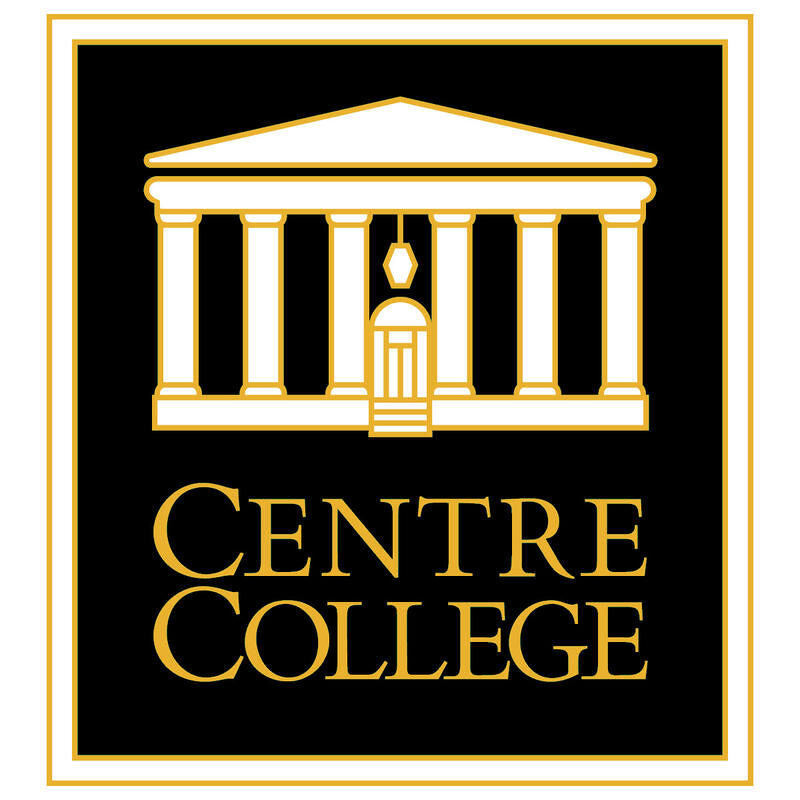 The image is the logo for Centre College. It features a white and gold illustration of a building with columns, likely representing a campus building. Below the illustration, the words "Centre College" are written in a serif font, also in gold. The background is black, and the entire logo is framed by a thin gold border.